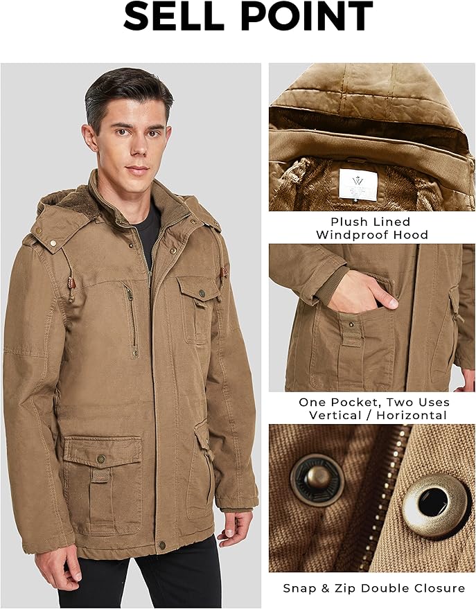 Brown jacket with plush lined windproof hood, snap & zip double closure, and one pocket two uses feature.