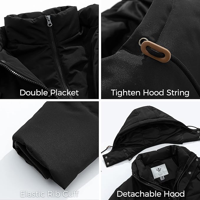 Black jacket features including double placket, tighten hood string, elastic rib cuff, and detachable hood on a white background.