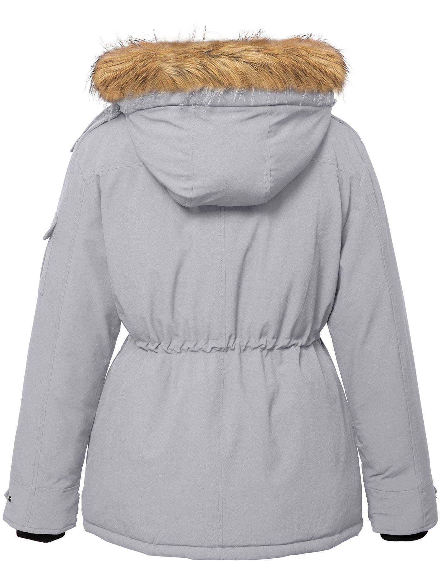 Gray winter jacket with fur hood on a white background