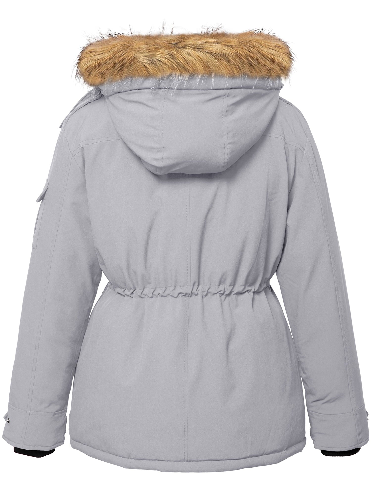 Gray winter jacket with fur hood on a white background
