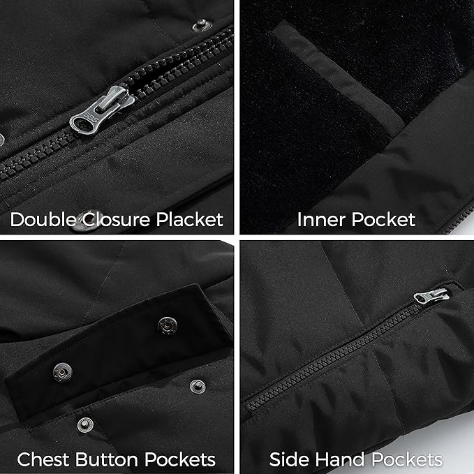 Black jacket features with double closure placket, inner pocket, chest button pockets, and side hand pockets.