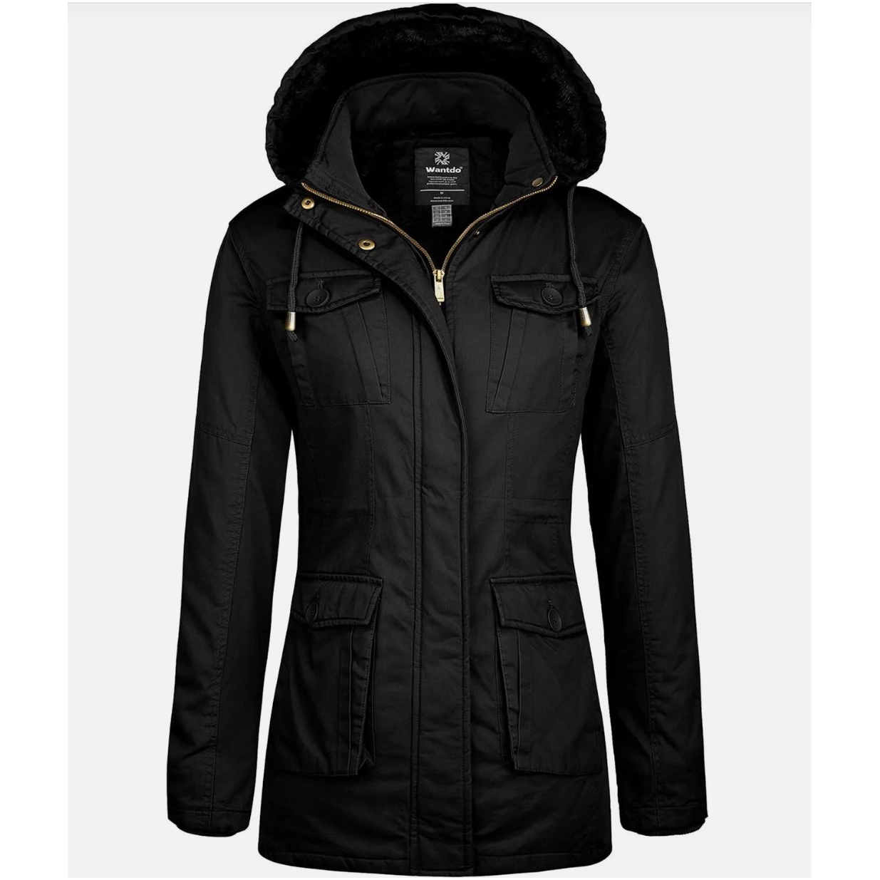 Black parka jacket with a hood on a white background