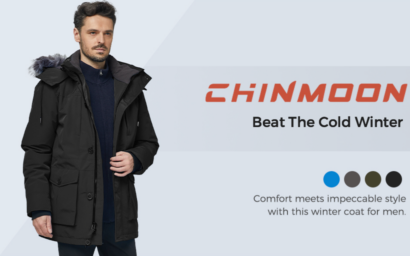 Man wearing a black winter coat with 'CHINMOON' branding on a light gray background.