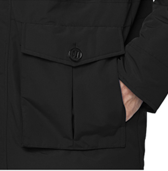 Close-up of a black jacket with a pocket and button on a white background