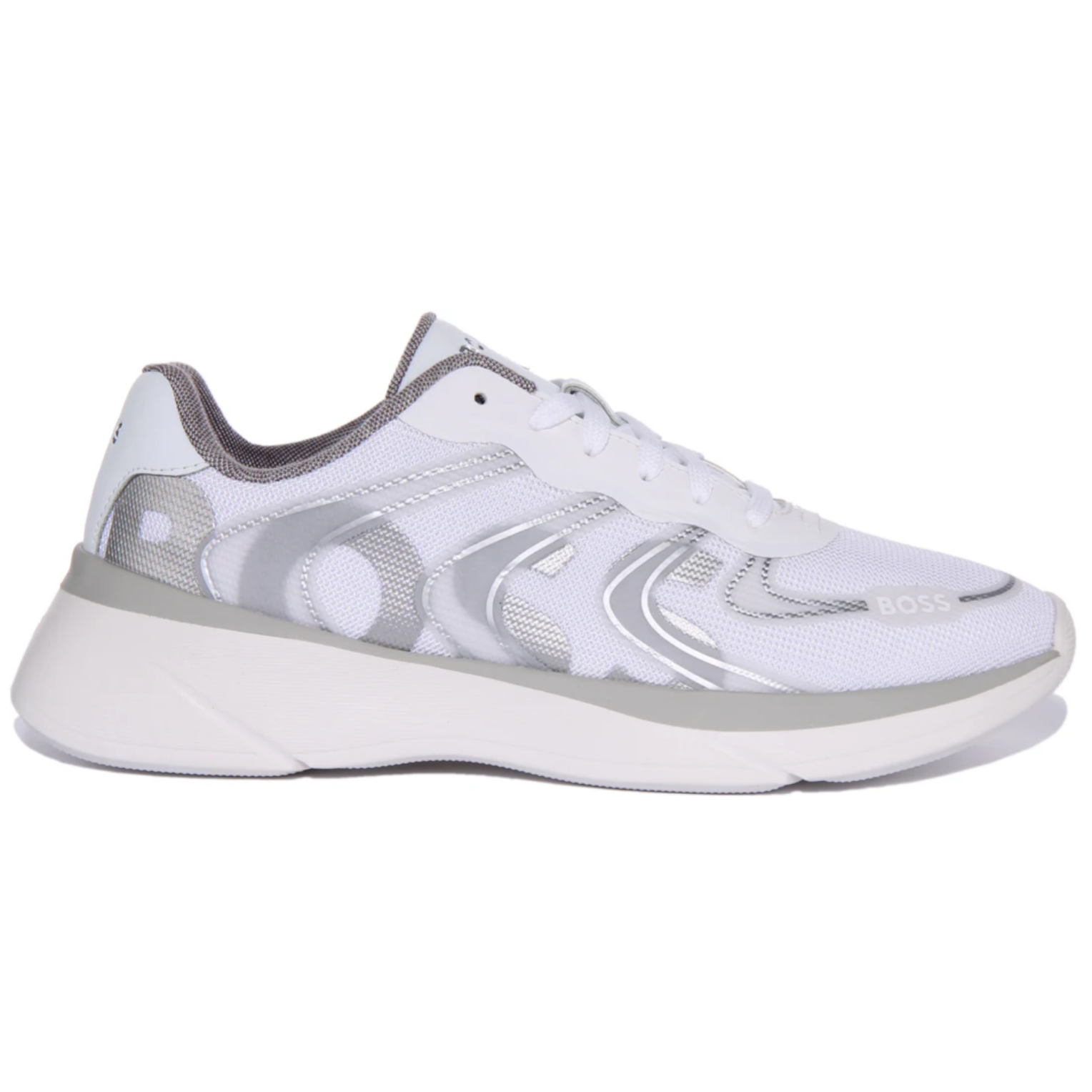 A pair of white HUGO BOSS men's dean runner trainers with lace-up closure and logo details on the side.