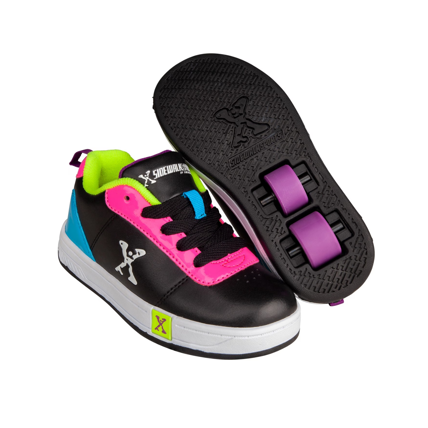 A pair of kids' wheeled skate shoes with pink, black, and green colors, showing the top side profile and the sole with two purple wheels.