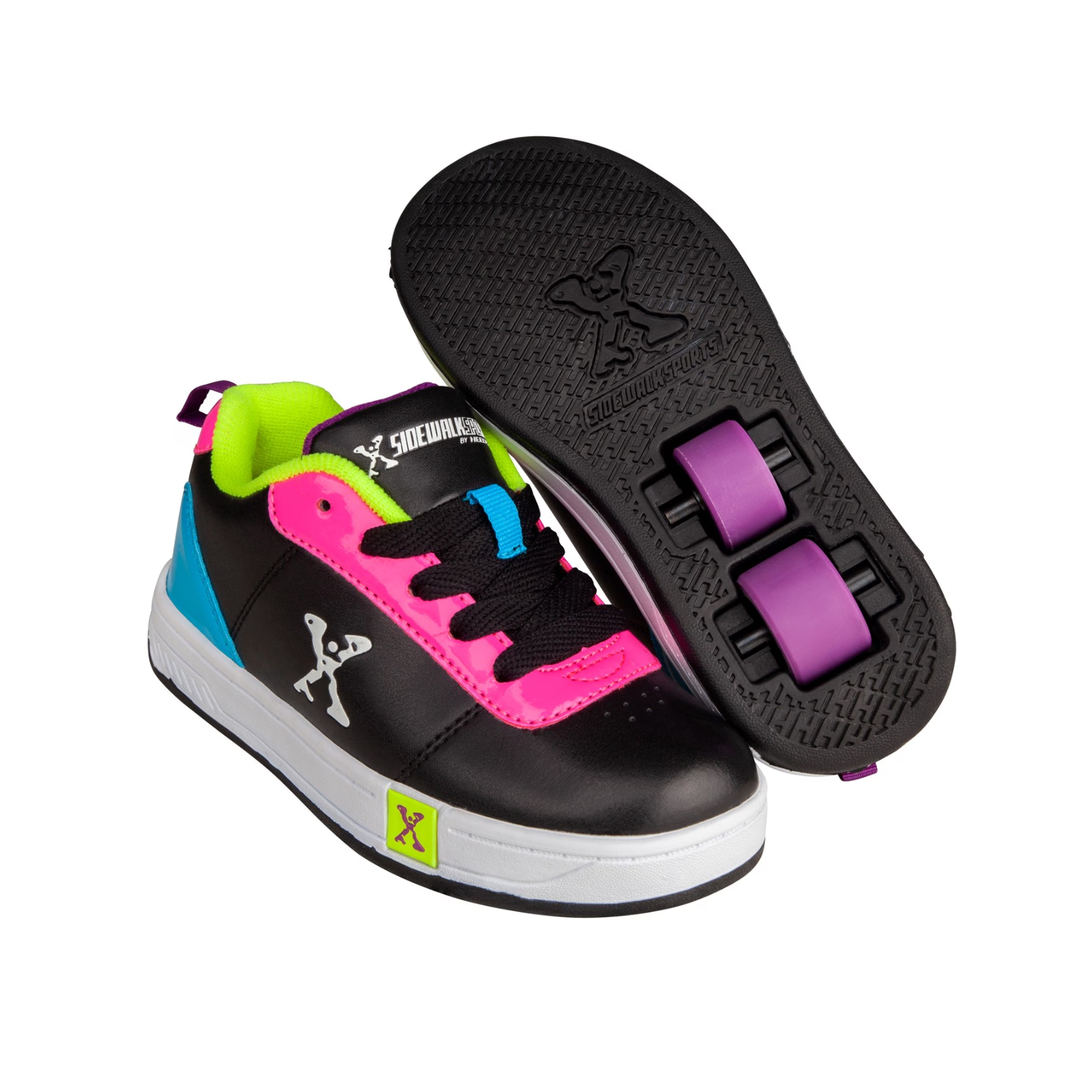 A pair of kids' wheeled skate shoes with pink, black, and green colors, showing the top side profile and the sole with two purple wheels.