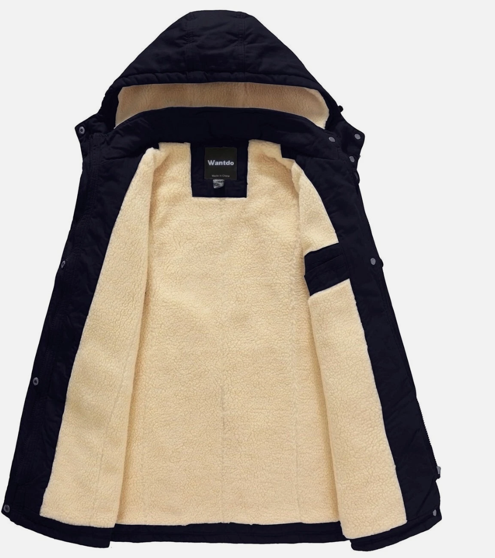 Black and beige jacket with a visible brand tag on a white background