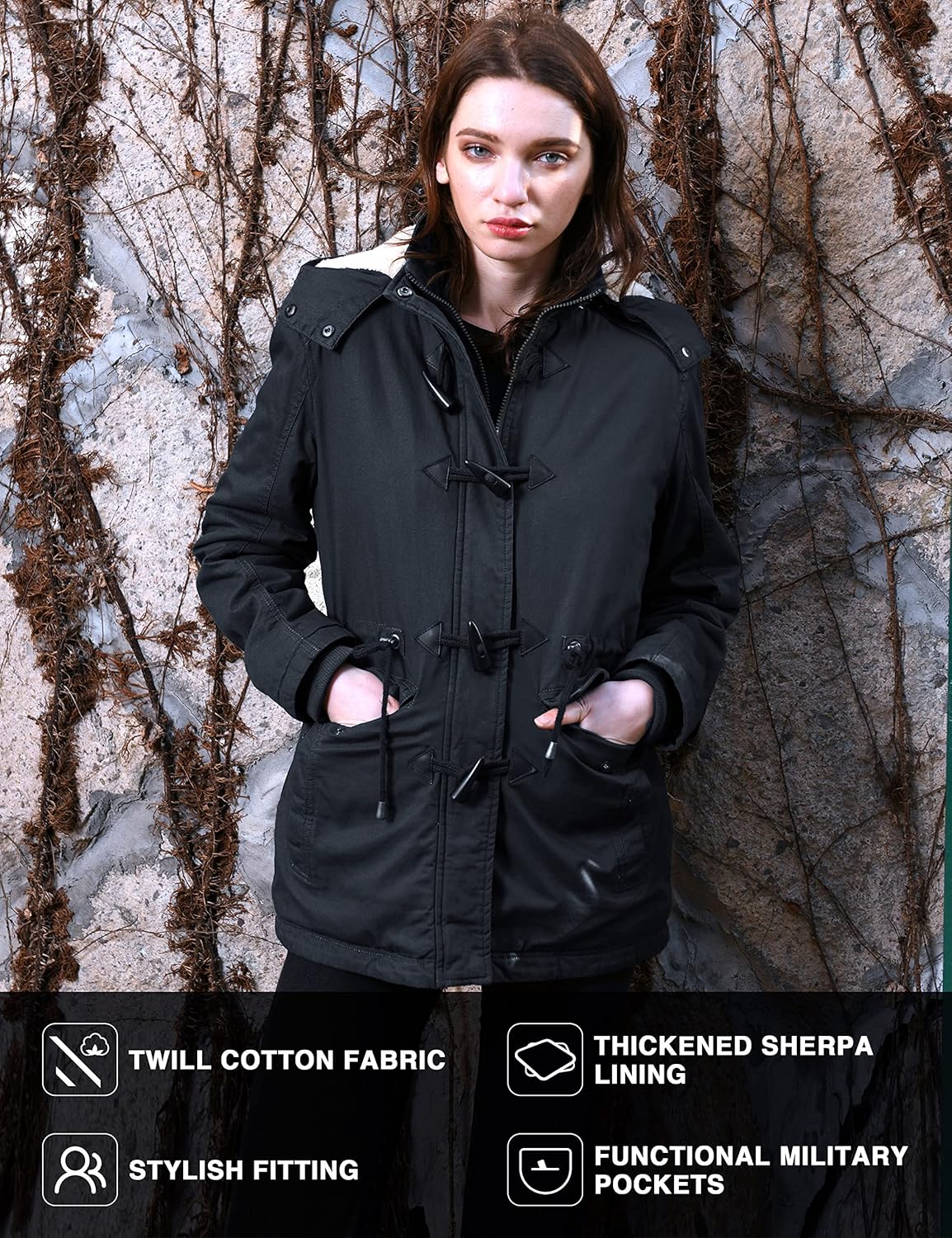 Woman wearing a black parka with text detailing features like twill cotton fabric and thickened sherpa lining.