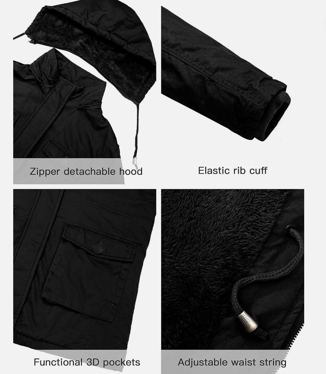 Black jacket with features highlighted including zipper detachable hood, elastic rib cuff, functional 3D pockets, and adjustable waist string.