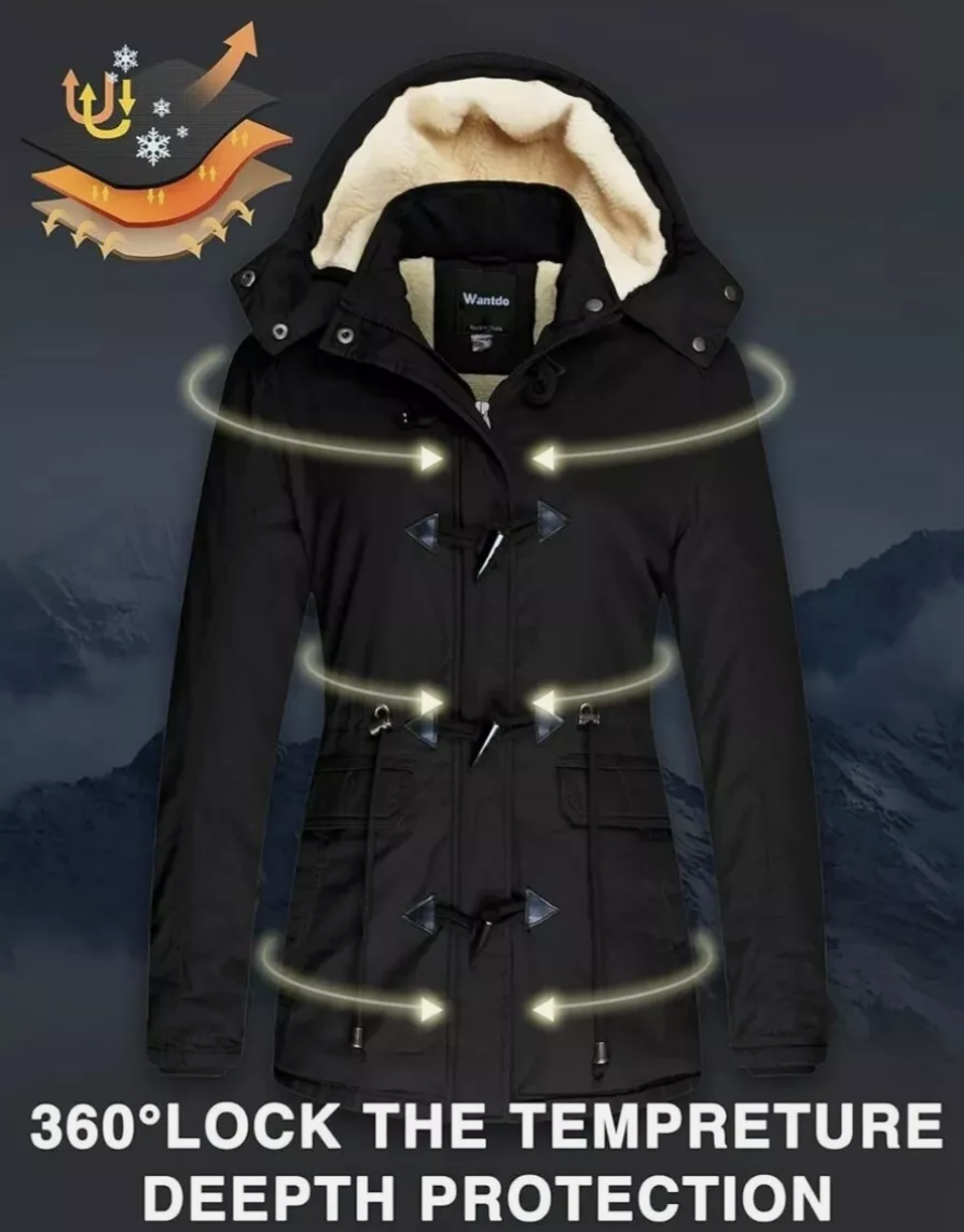Black winter coat with a hood on a mountain background, featuring text about temperature protection.