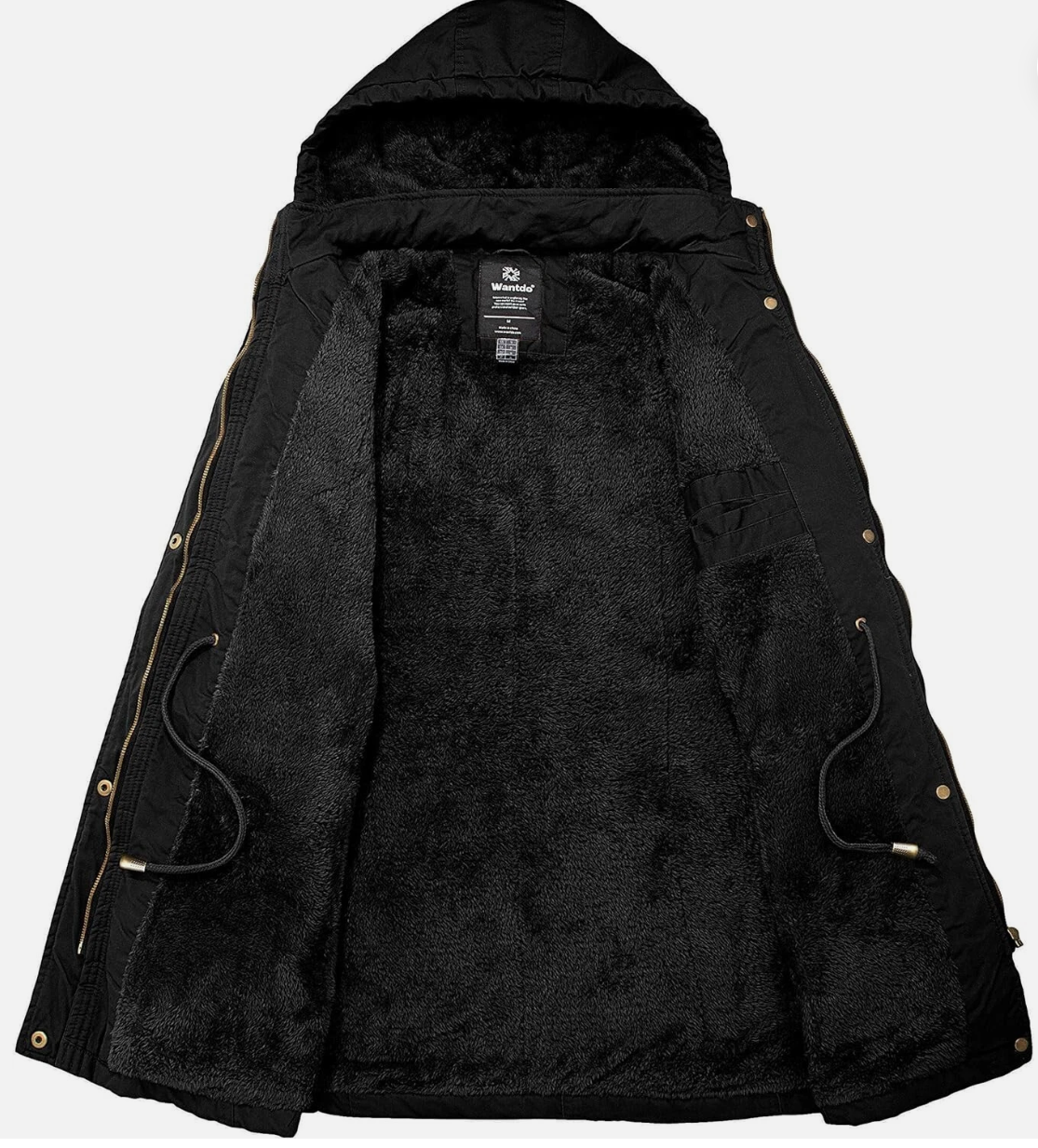 Black hooded jacket with gold buttons on a white background