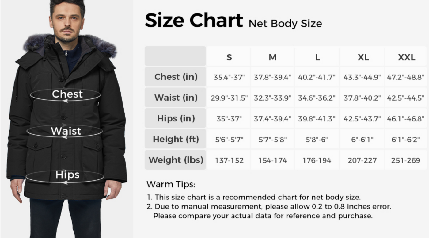 Size chart for a coat with measurements and a model wearing the coat.