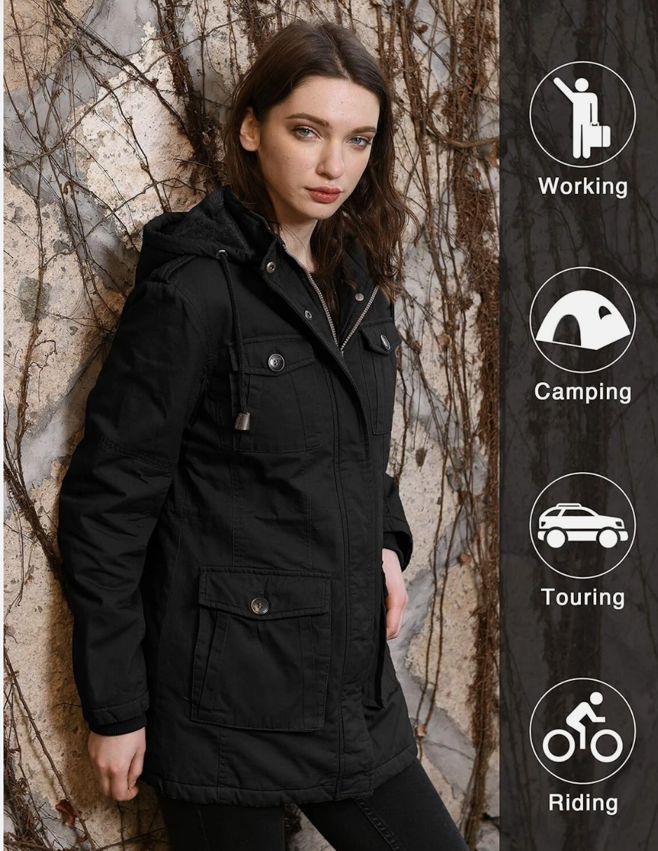 Woman wearing a black coat leaning against a textured wall with icons and text on the right.