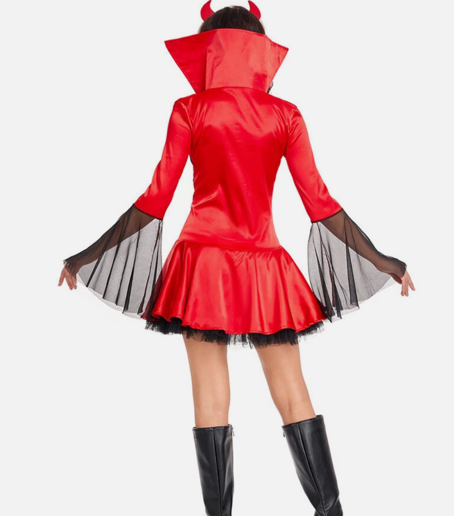 Red devil costume with black boots on a white background