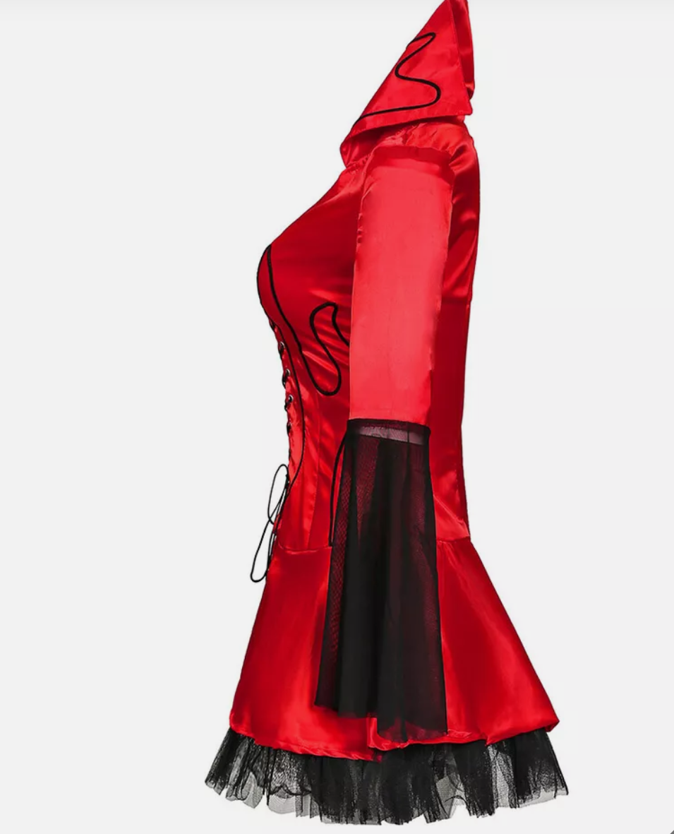 Red satin dress with black tulle overlay on a white background