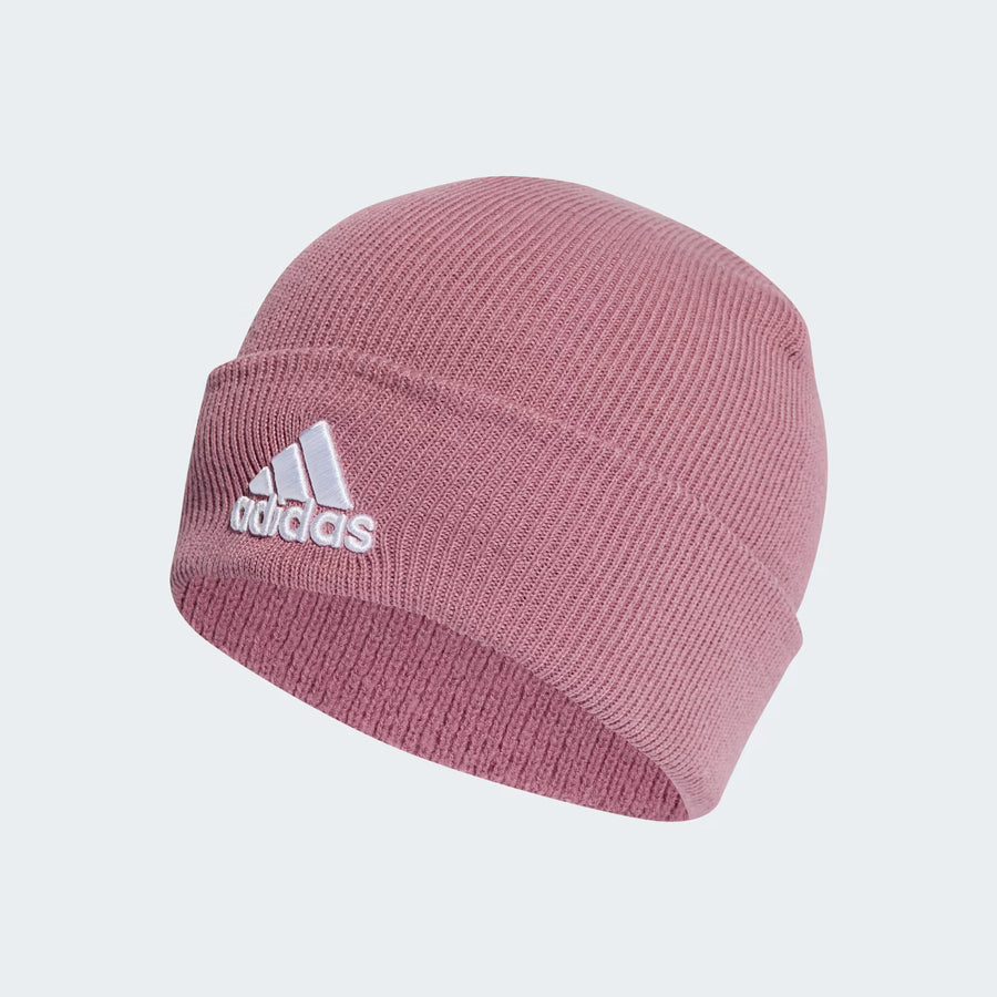 Pink Adidas beanie on a light gray background