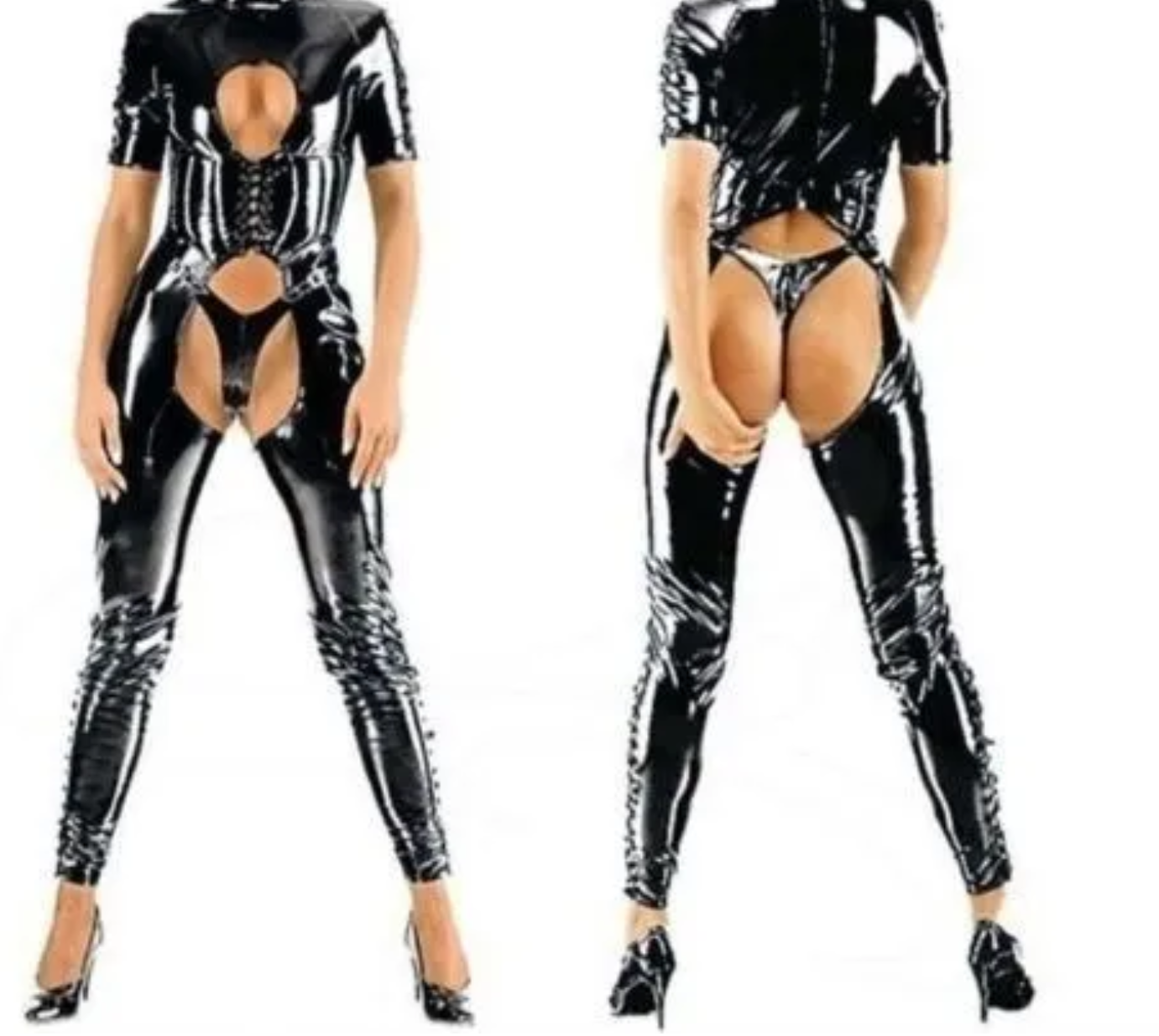 Black latex bodysuit with cut-out design on a white background