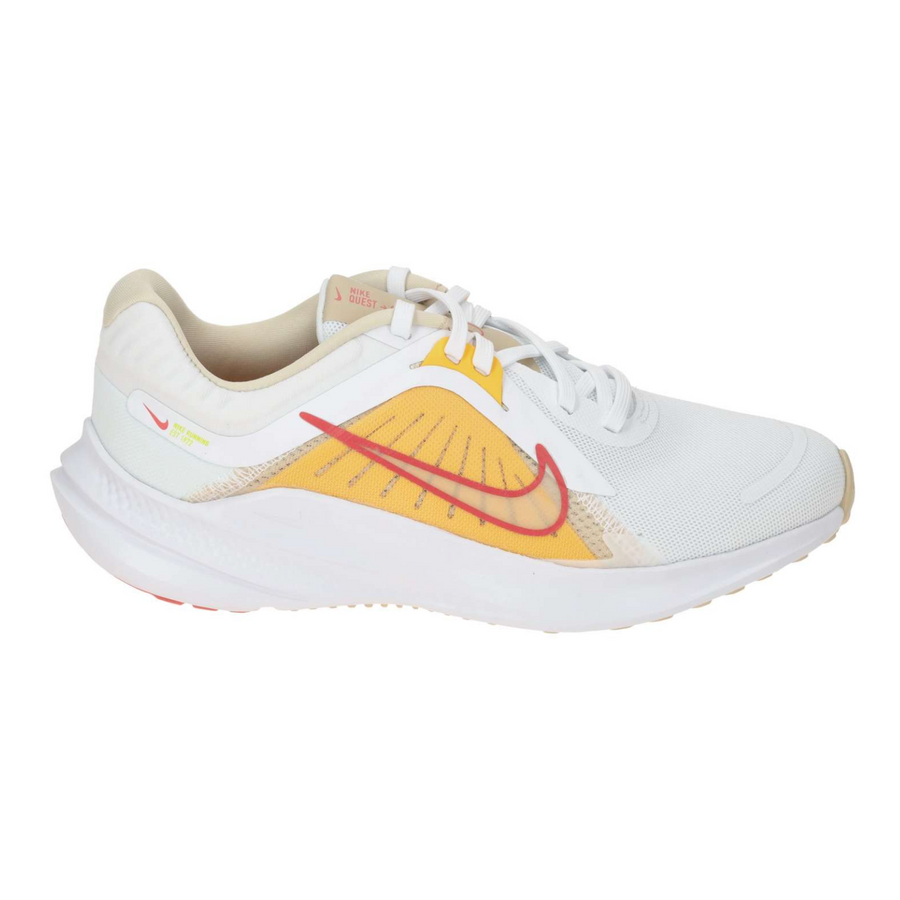 A pair of women's Nike running shoes with white, yellow, red, and beige colors featuring a mesh upper material and a rubber outsole.