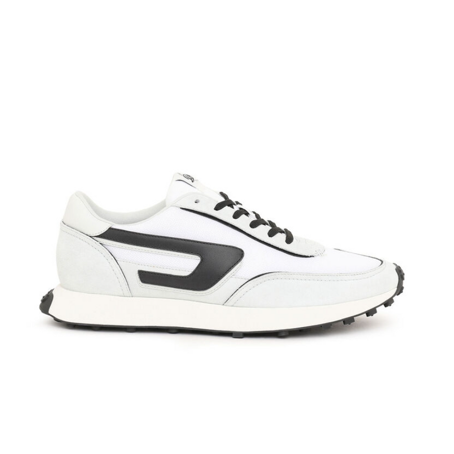 A pair of white Diesel men's sneakers with black detailing and the brand's logo on the side.