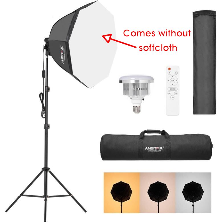 Photography studio light kit with softbox, lamp, remote control, and carrying case on a white background.