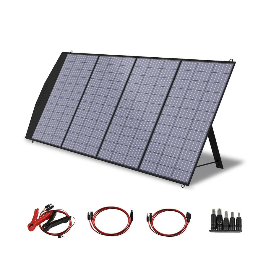Foldable solar panel with cables and connectors on a white background