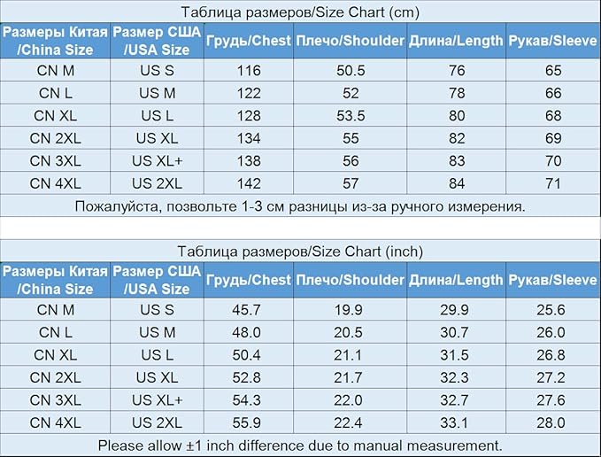 Size chart comparing Chinese and US/USA sizes for clothing measurements.