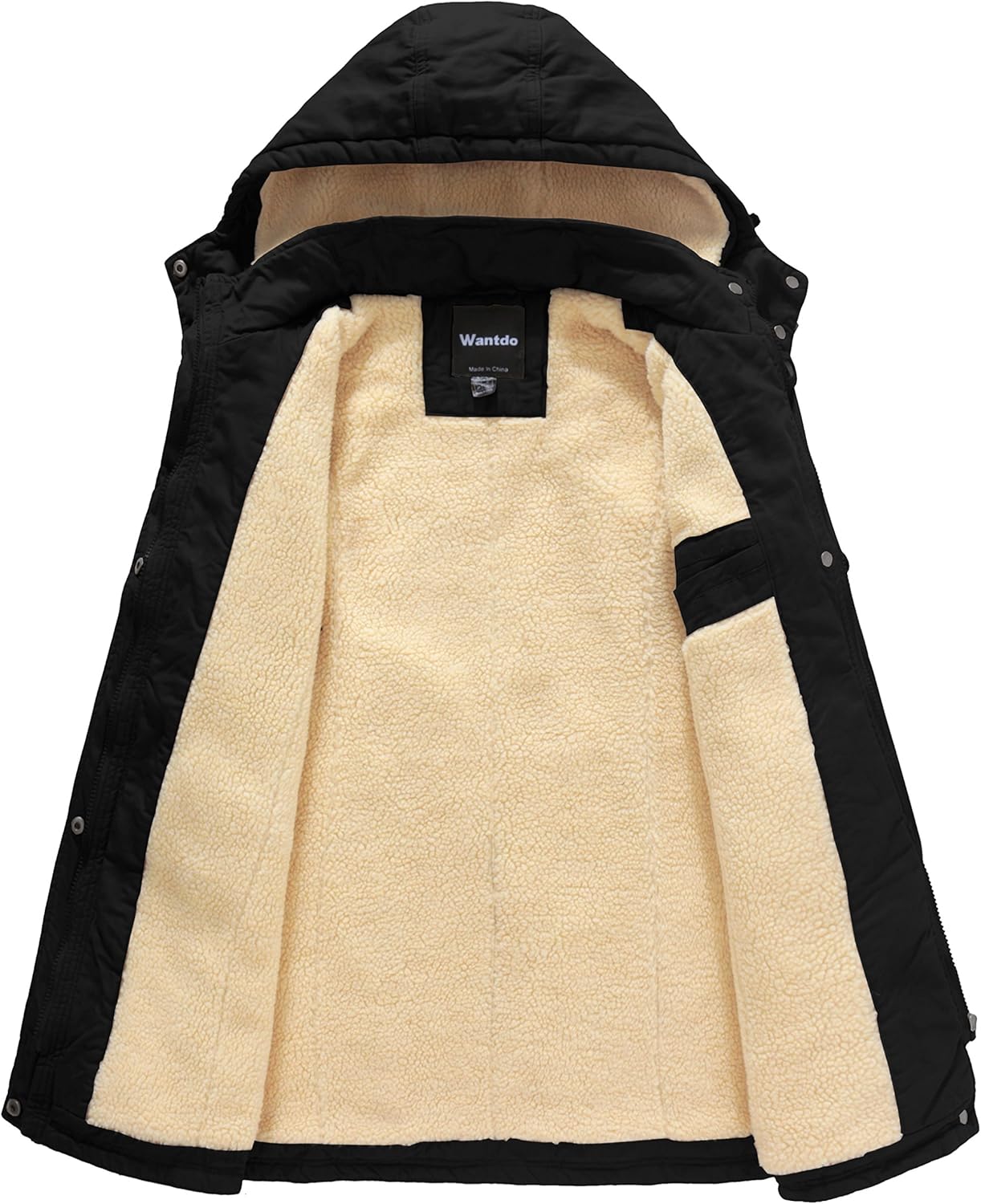 Black and beige jacket with a hood on a white background