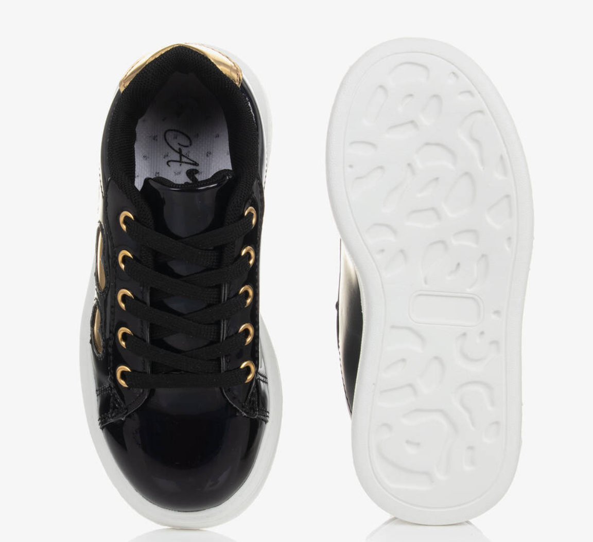 UK C8 A Dee Black Patent Gold Heart Children’s Trainers – EU 25