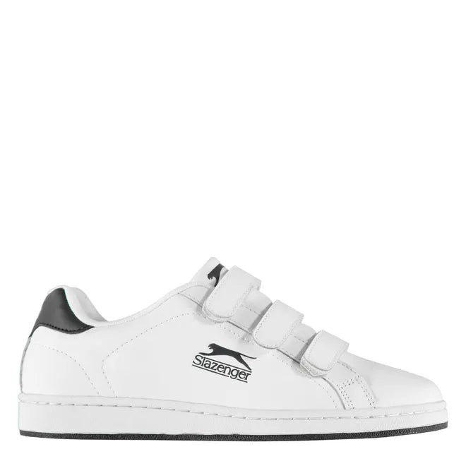 A pair of kids' white Slazenger Ash Vel trainers with hook and loop fastening and a padded ankle collar.