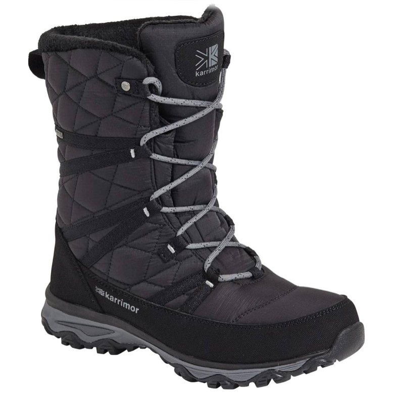 A pair of black Karrimor St Moritz 2 women's snow boots with lace-up closure, featuring a high-cut ankle collar and a moulded outsole with deep lugs.