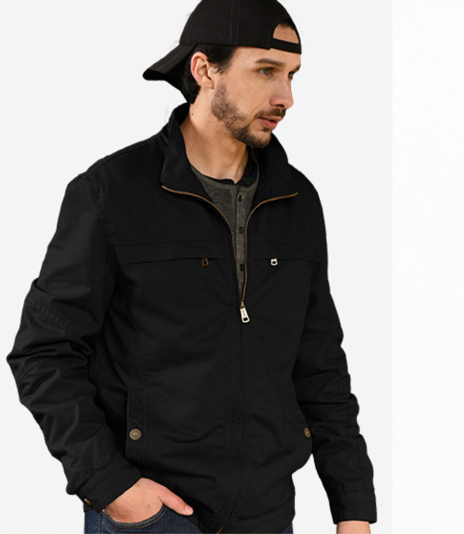 Man wearing a black jacket and cap on a white background