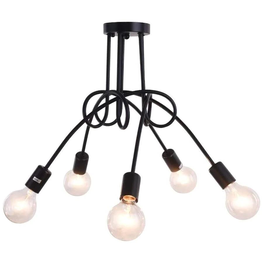 A vintage style ceiling light fixture with five lights, featuring a black metal structure and clear glass shades.