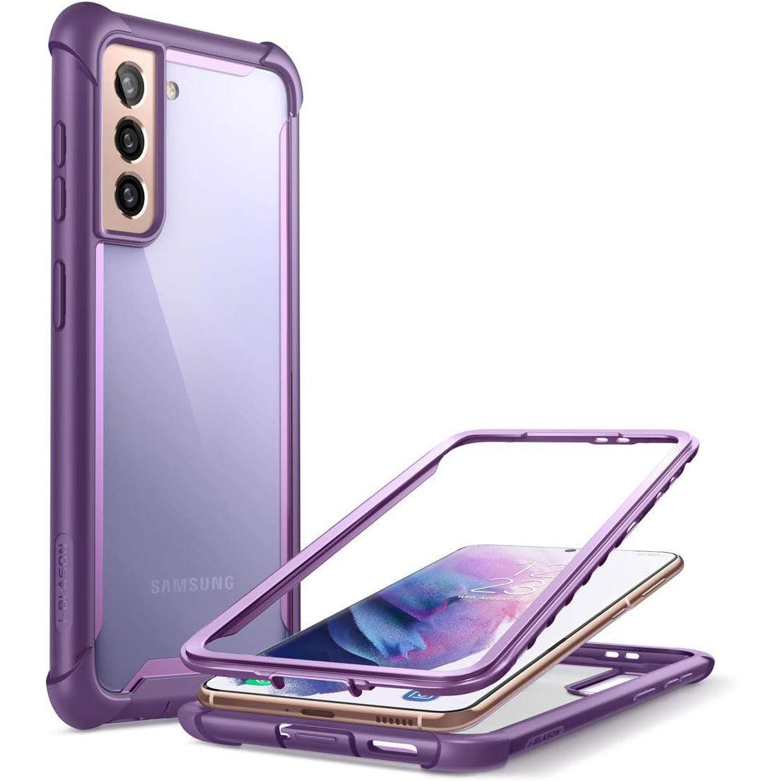 A clear back casing for a Samsung Galaxy S21 5G with purple bumper protection around the edges.
