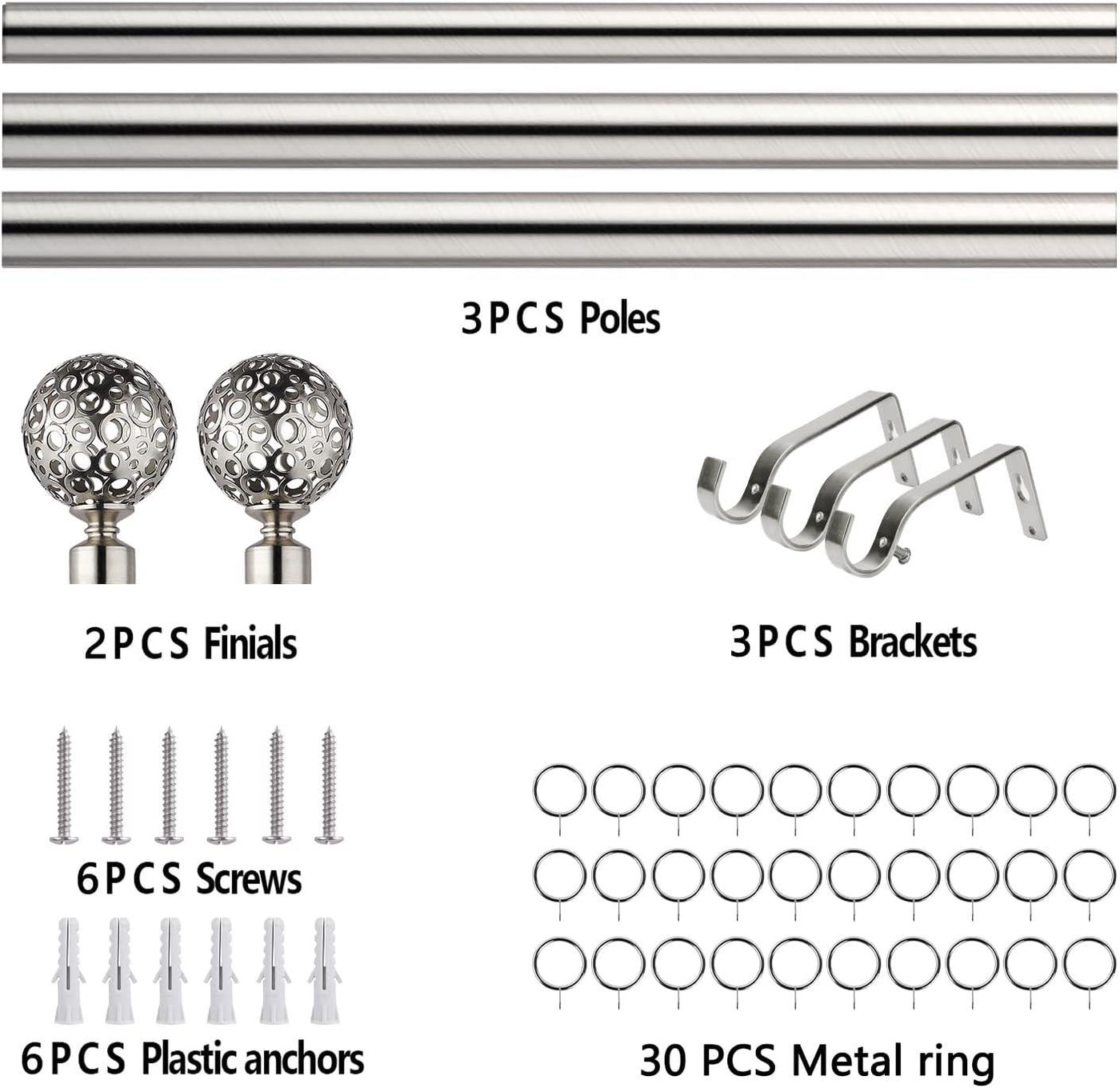 Curtain Pole Globe Ball finials Extendable Curtain Pole 120-300 cm Satin - Massive Discounts
