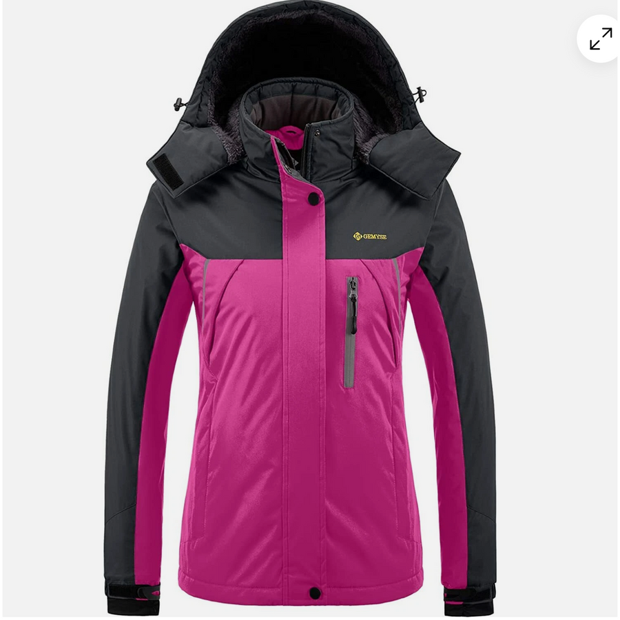Pink and black jacket with a brand logo on a white background