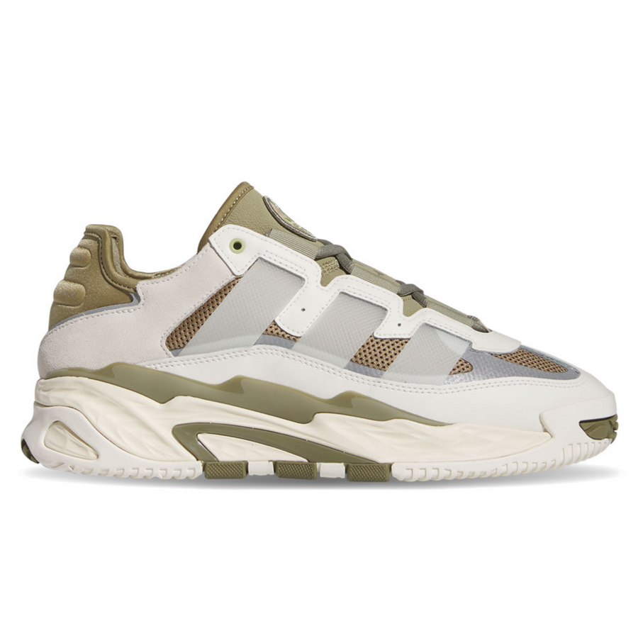 A pair of Adidas Originals Niteball Trainers featuring a beige and green color scheme with leather and suede materials.