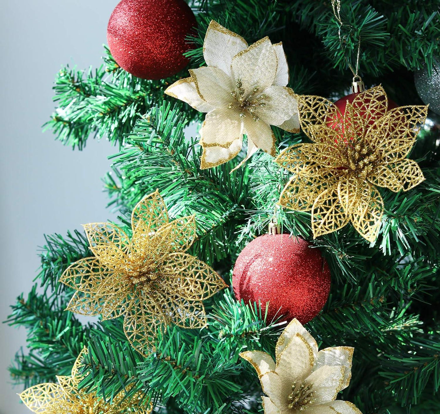 Glitter Christmas Poinsettia Flower Ornaments 24Pcs Gold Artificial with Clips - Massive Discounts