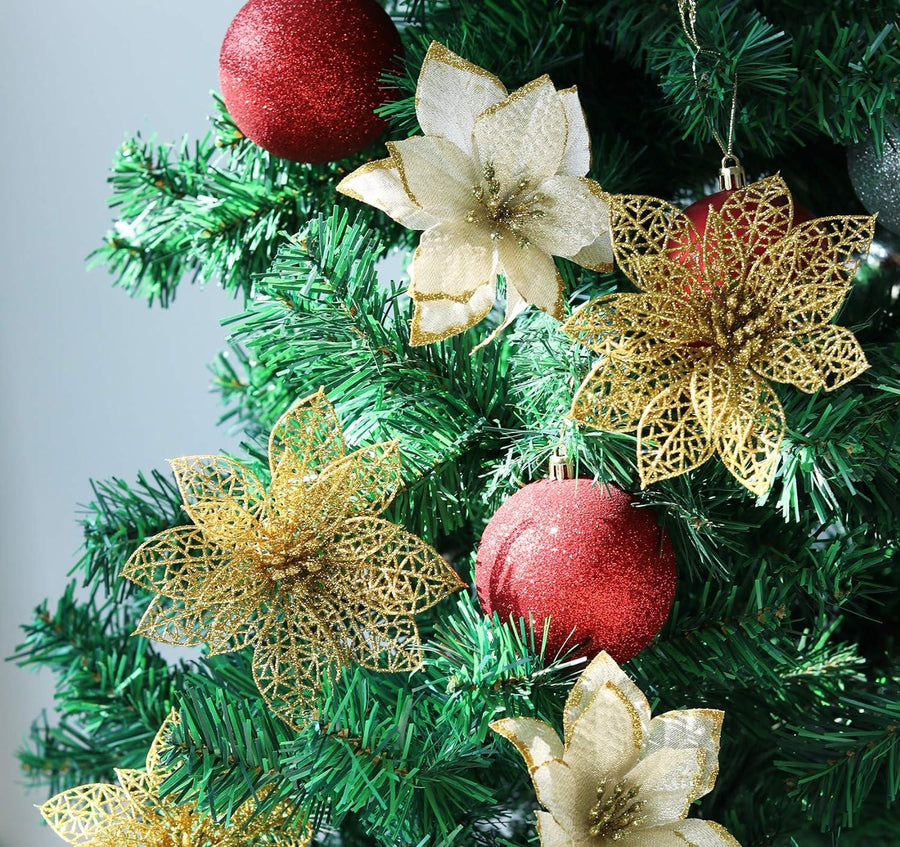Glitter Christmas Poinsettia Flower Ornaments 24Pcs Gold Artificial with Clips - Massive Discounts