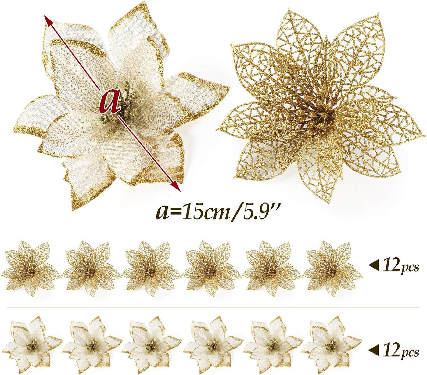Glitter Christmas Poinsettia Flower Ornaments 24Pcs Gold Artificial with Clips - Massive Discounts