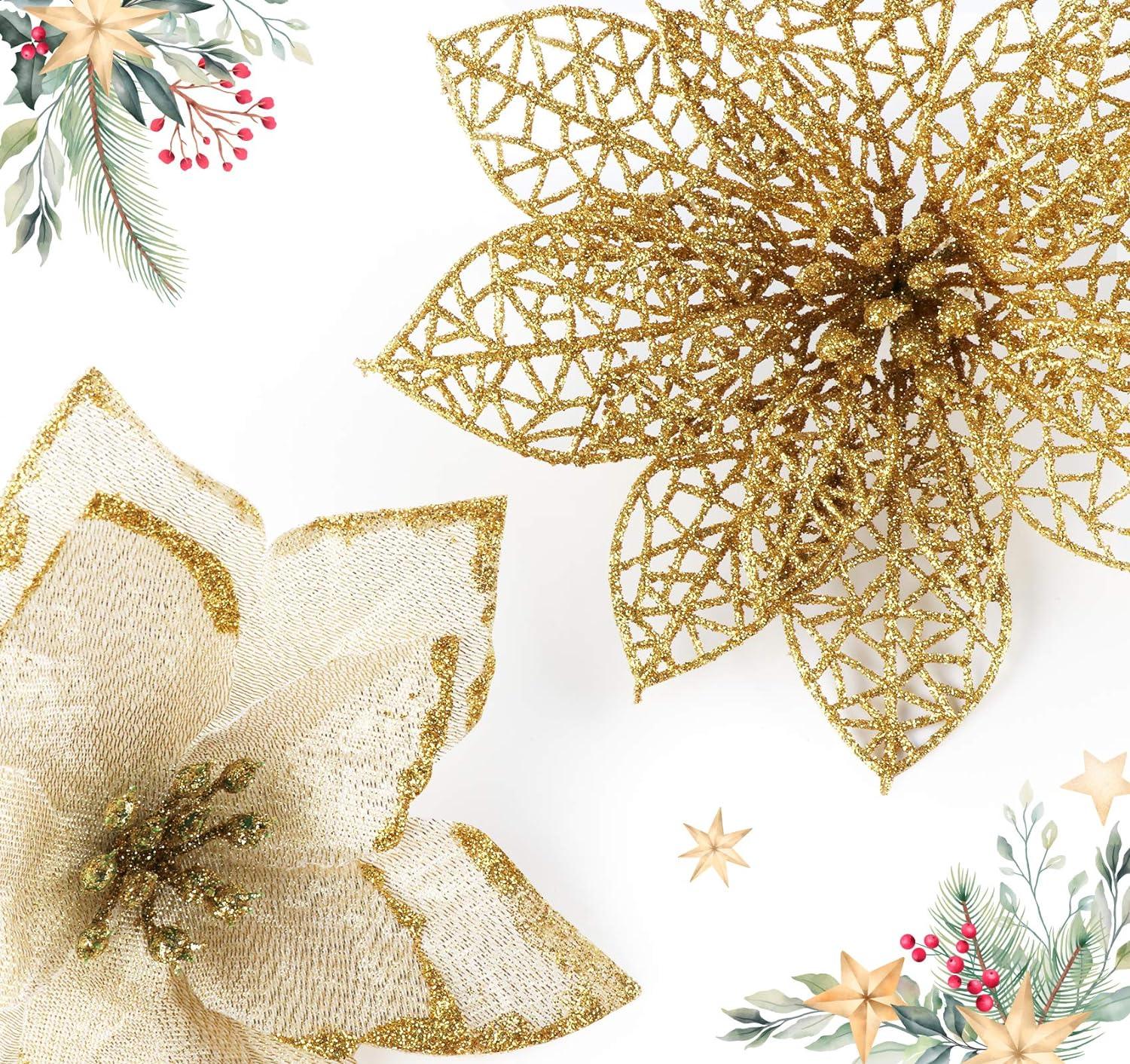 Glitter Christmas Poinsettia Flower Ornaments 24Pcs Gold Artificial with Clips - Massive Discounts