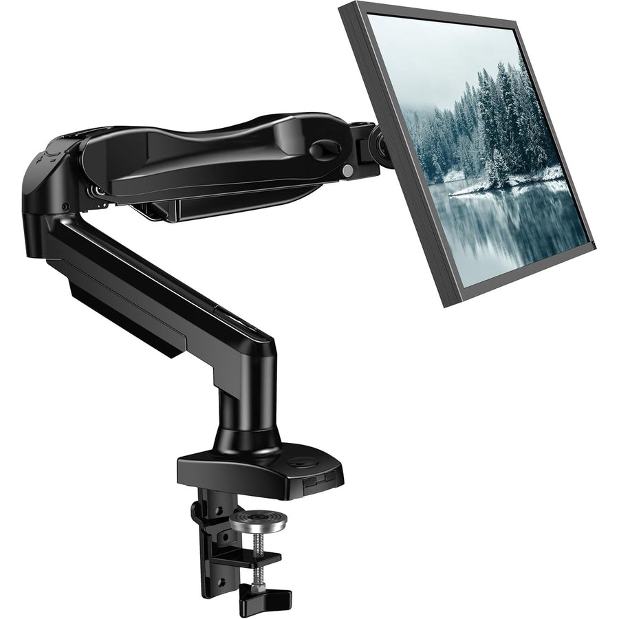Black monitor arm with a mounted screen displaying a nature scene on a white background