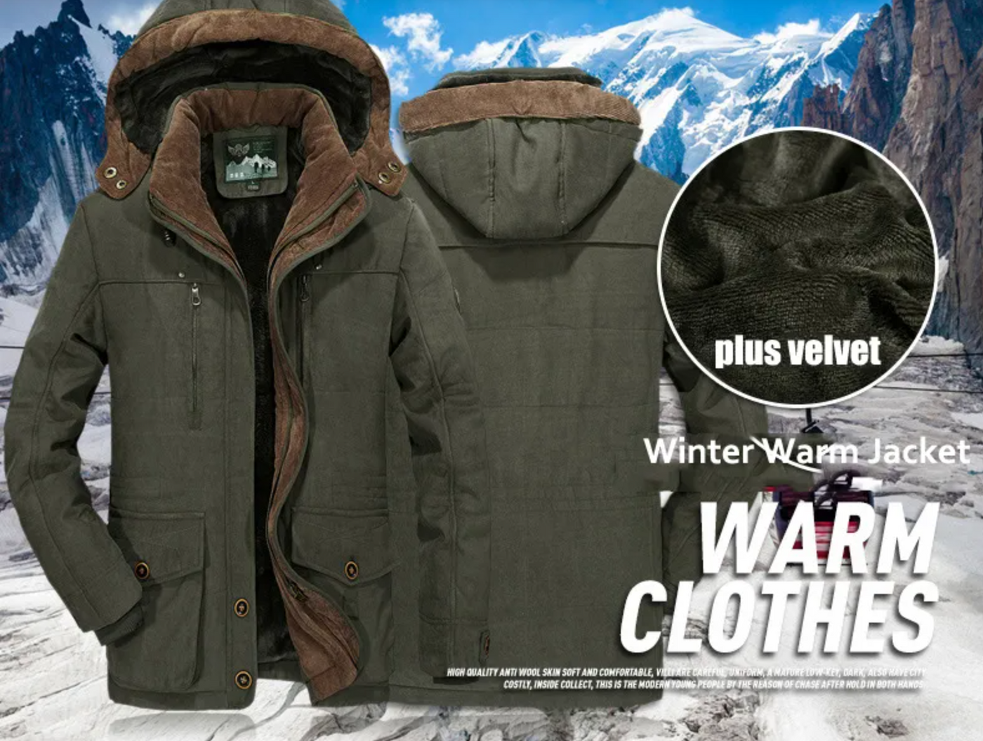 Winter warm jacket with brown lining and velvet padding, set against a mountainous background.