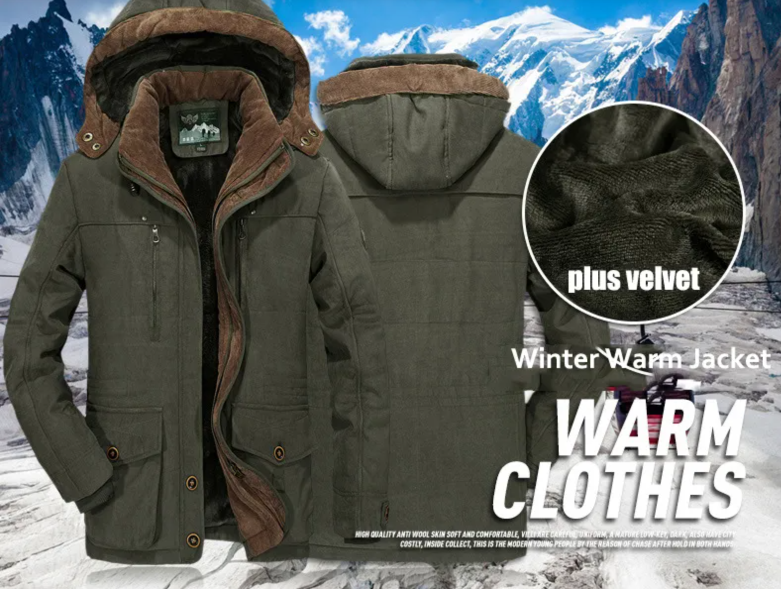 Winter warm jacket with brown lining and velvet padding, set against a mountainous background.