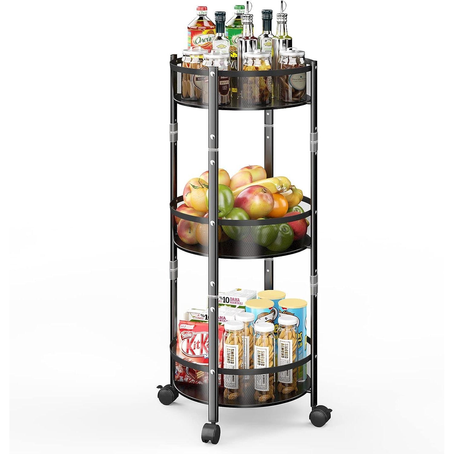 Storage Trolley 3 Tier Metal Rolling Cart with Baskets Lockable Wheels KINGRACK