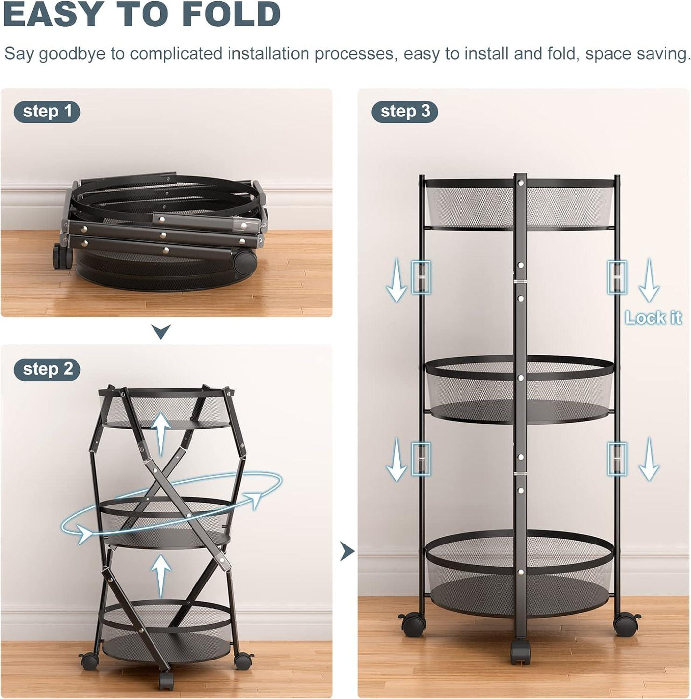 KINGRACK Storage Trolley 72h x 28w cm, 3-Tier Metal Rolling Cart - Massive Discounts