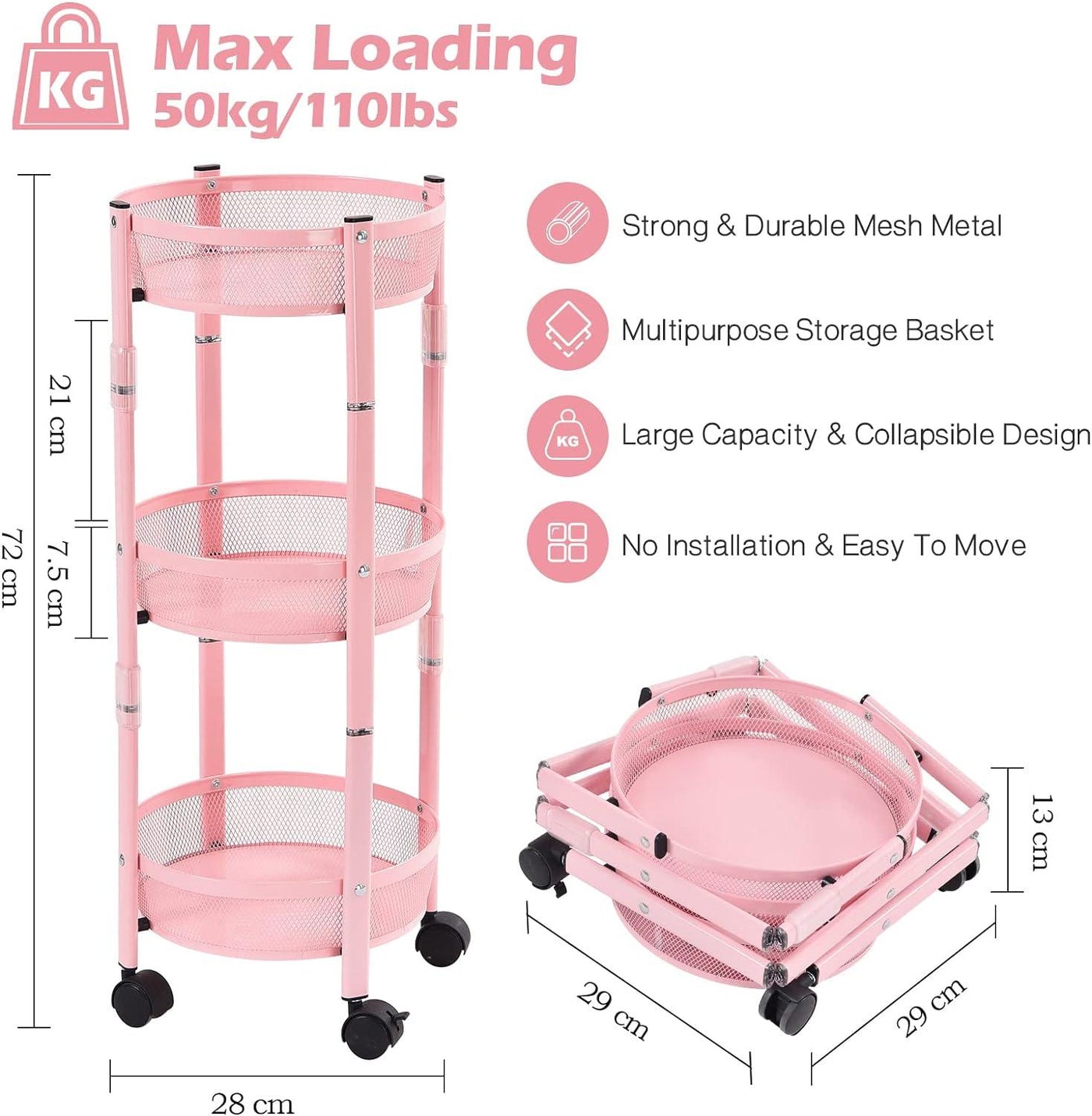 KINGRACK Storage Trolley 72h x 28w cm, 3-Tier Metal Rolling Cart - Massive Discounts