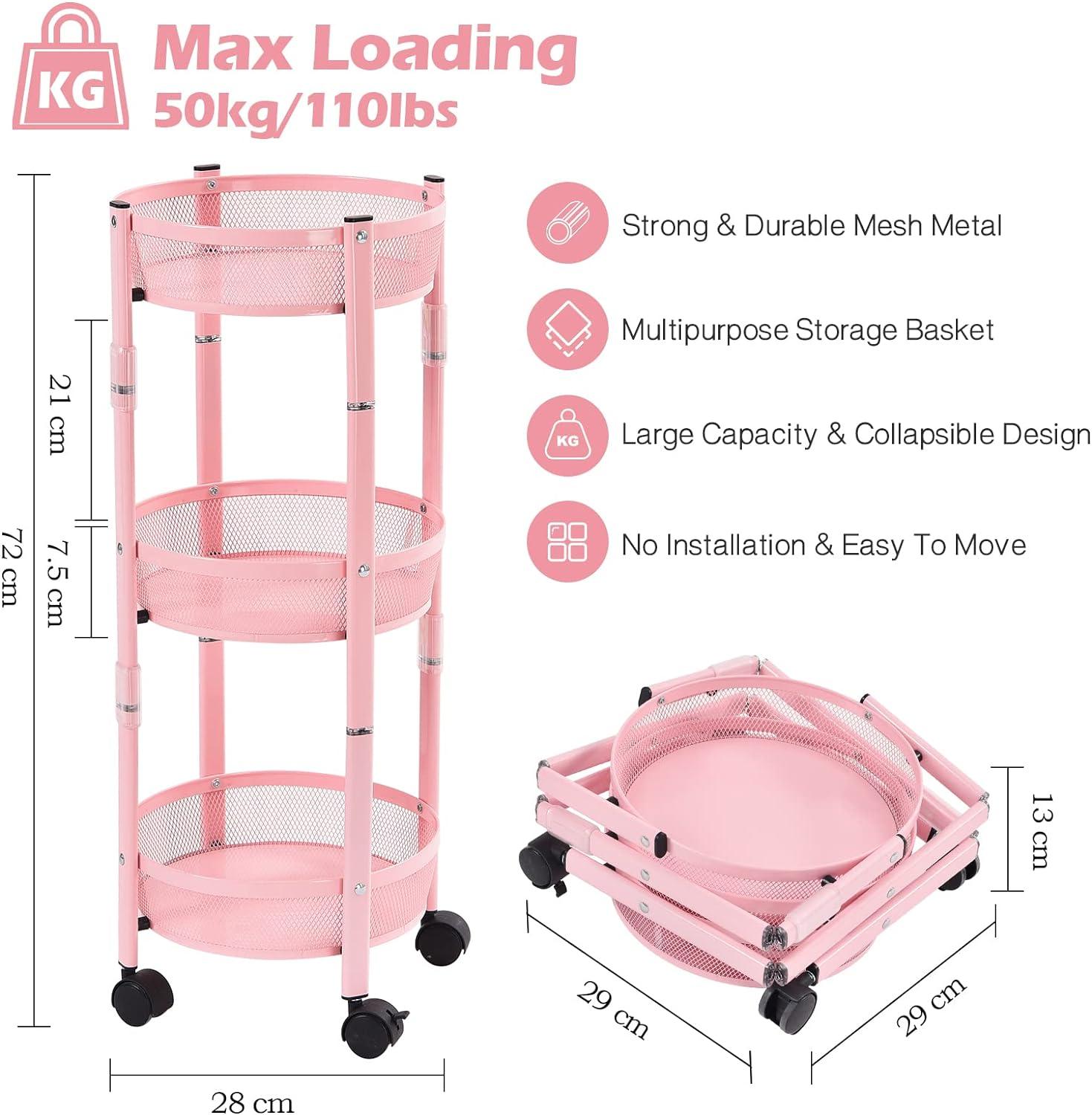 KINGRACK Storage Trolley 72h x 28w cm, 3-Tier Metal Rolling Cart - Massive Discounts
