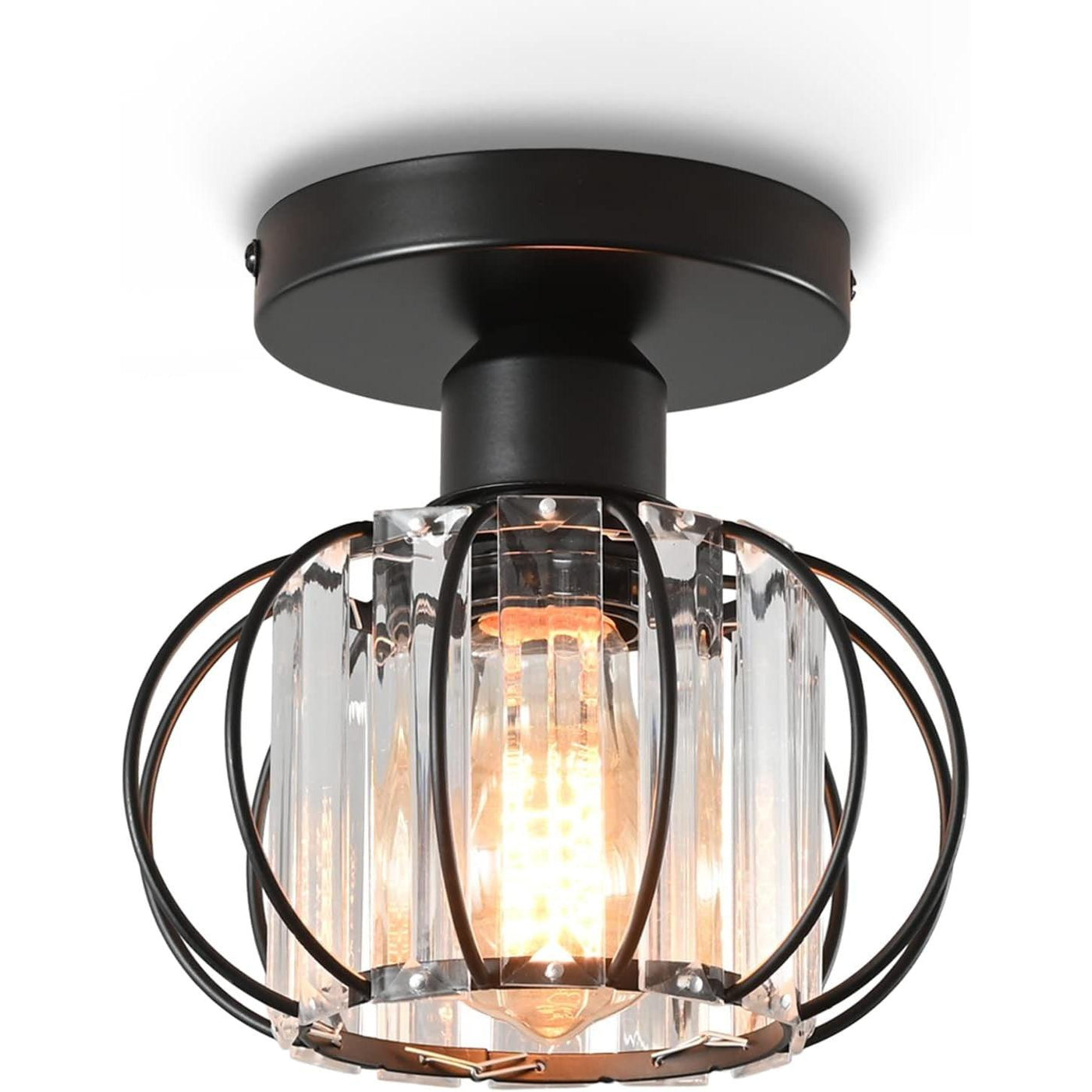 A vintage-style black metal ceiling light fixture with a clear crystal cover, designed for E27 bulbs.