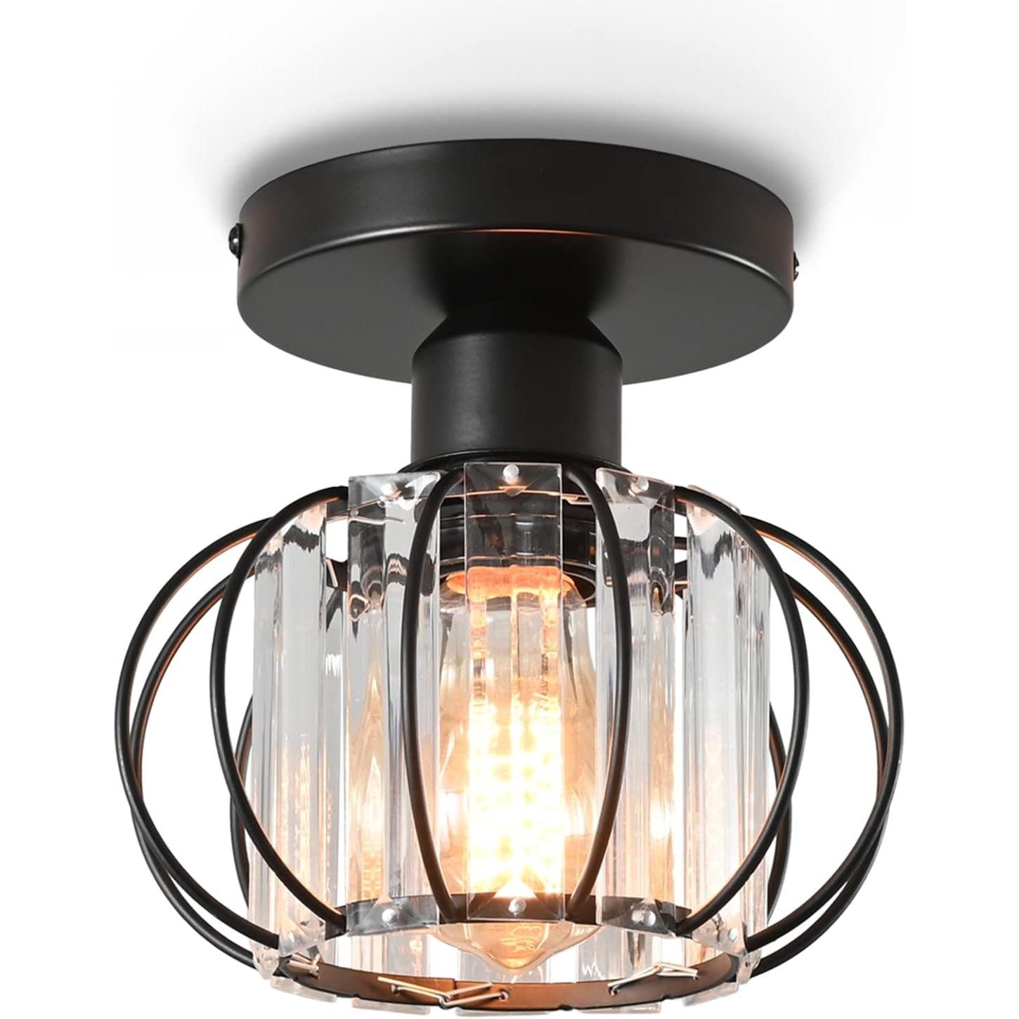 A vintage-style black metal ceiling light fixture with a clear crystal cover, designed for E27 bulbs.